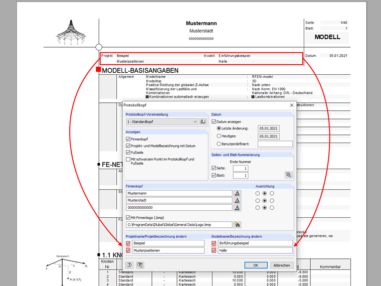 Ändern von Projektname und Projektbezeichnung für das Ausdruckprotokoll