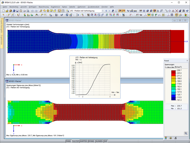 Verformungen, Berechnungsdiagramm und Vergleichsspannungen bei Lasterhöhung