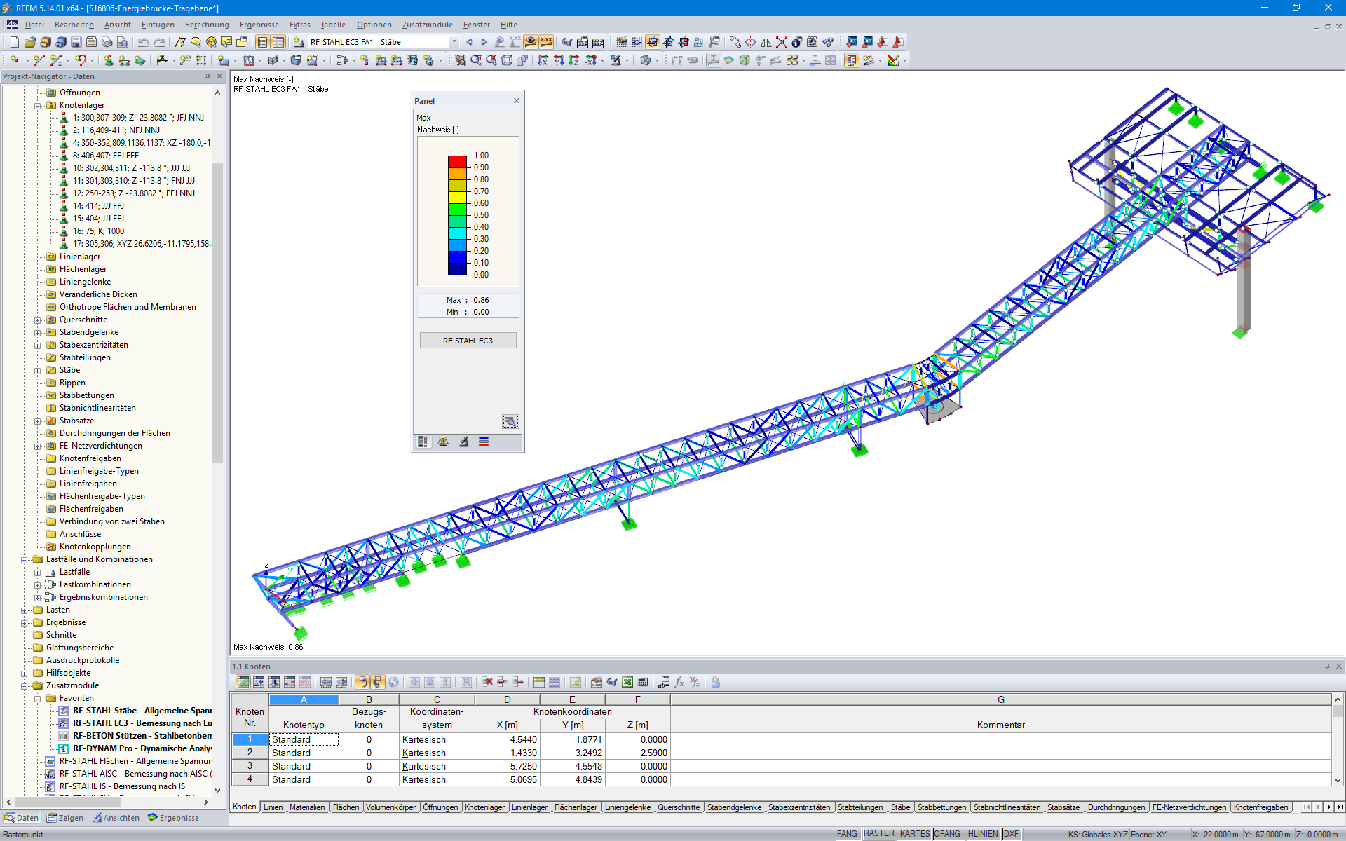 RFEM-Modell der Medienbrücke mit Bemessungsergebnissen von RF-STAHL EC3 (© Ingenieurbüro Grassl GmbH)