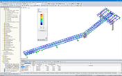 RFEM-Modell der Medienbrücke mit Bemessungsergebnissen von RF-STAHL EC3 (© Ingenieurbüro Grassl GmbH)