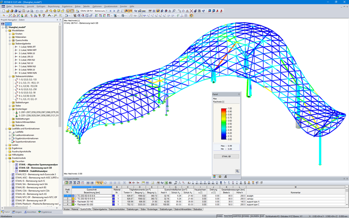 3D-Modell der Stahlkonstruktion mit Bemessungsergebnissen nach GB 50017-2003 in RSTAB (© Novum Structures LLC)