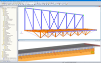 3D-Modelle in RFEM: „Zipper-Träger“, die an einen Stahlfachwerkträger anschließen (oben) und Holz-Beton-Verbundträger mit modellierten Stahlverbindern (unten) (© Equilibrium Consulting Inc.)
