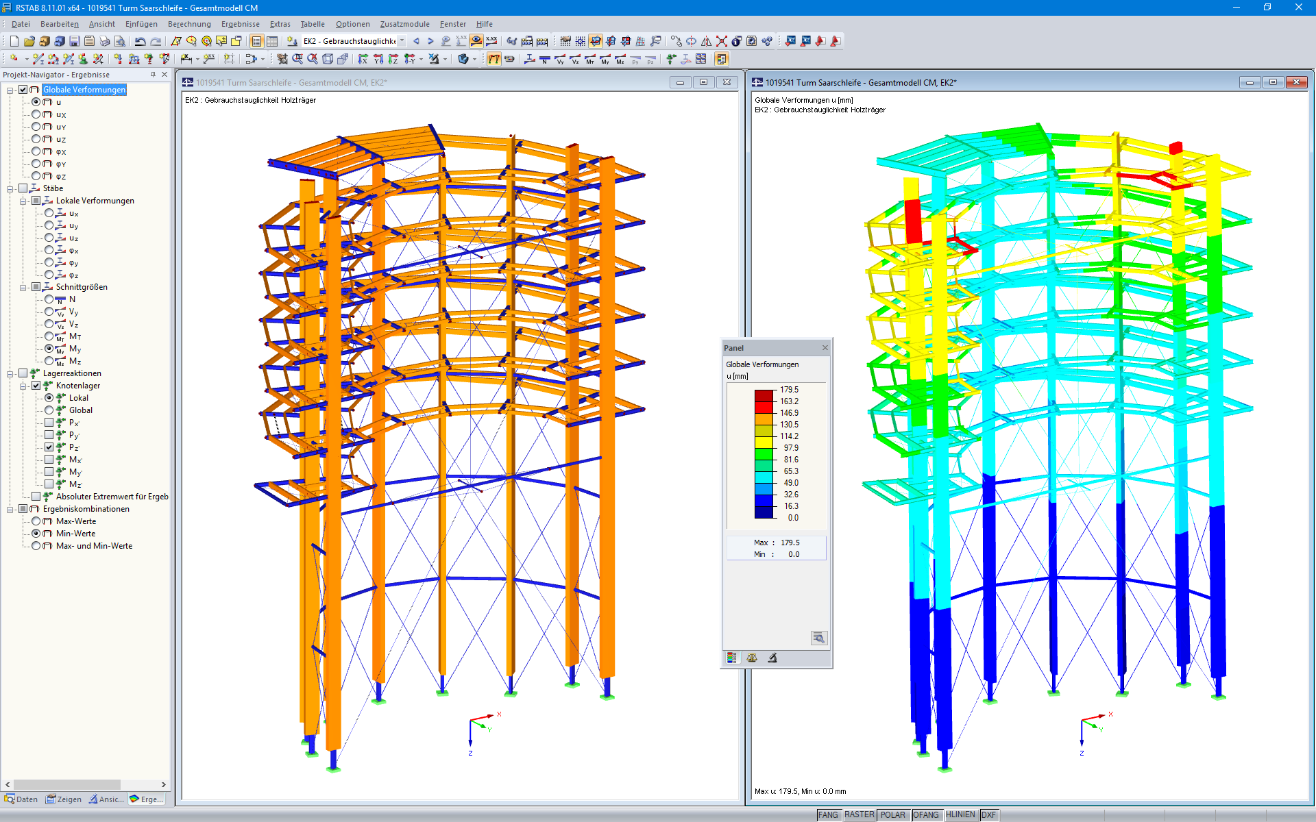 3D-Modell und Verformungsfigur des Aussichtsturmes in RSTAB (© WIEHAG GmbH)