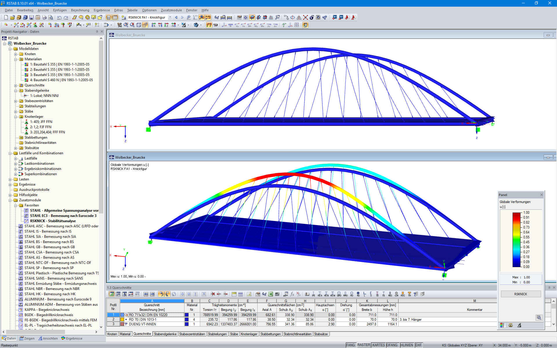 Seitenansicht (oben) und Darstellung der 1. Knickfigur der Wolbecker-Straßenbrücke in RSTAB (© grbv)