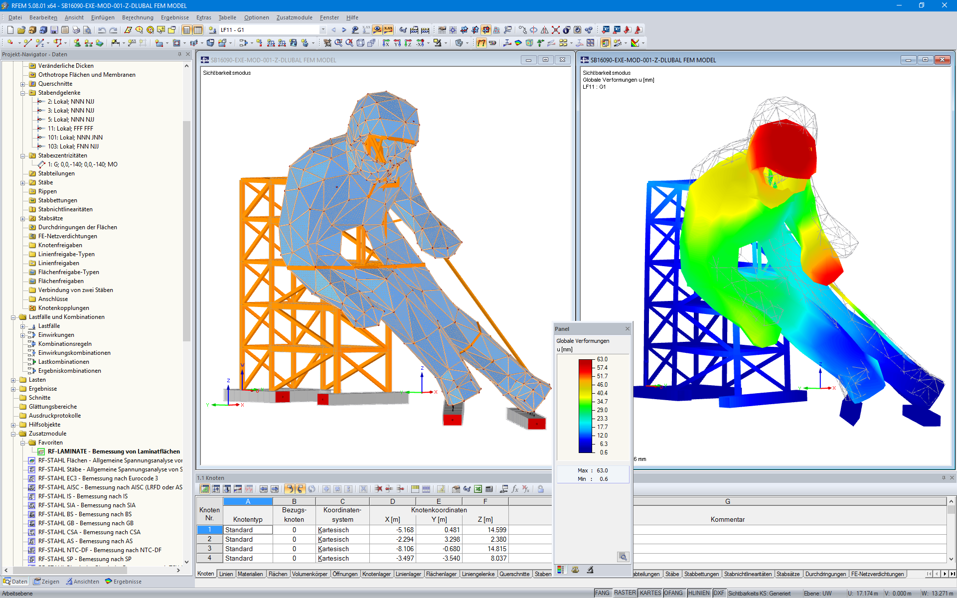 3D-Modell und Verformungsfigur des Edy in RFEM (© sblumer ZT GmbH)