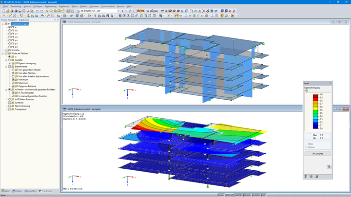 3D-Modell und erste Eigenform des fünfgeschossigen Holzbaus in RFEM (© Pirmin Jung Ingenieure)