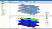 3D-Modell und erste Eigenform des fünfgeschossigen Holzbaus in RFEM (© Pirmin Jung Ingenieure)