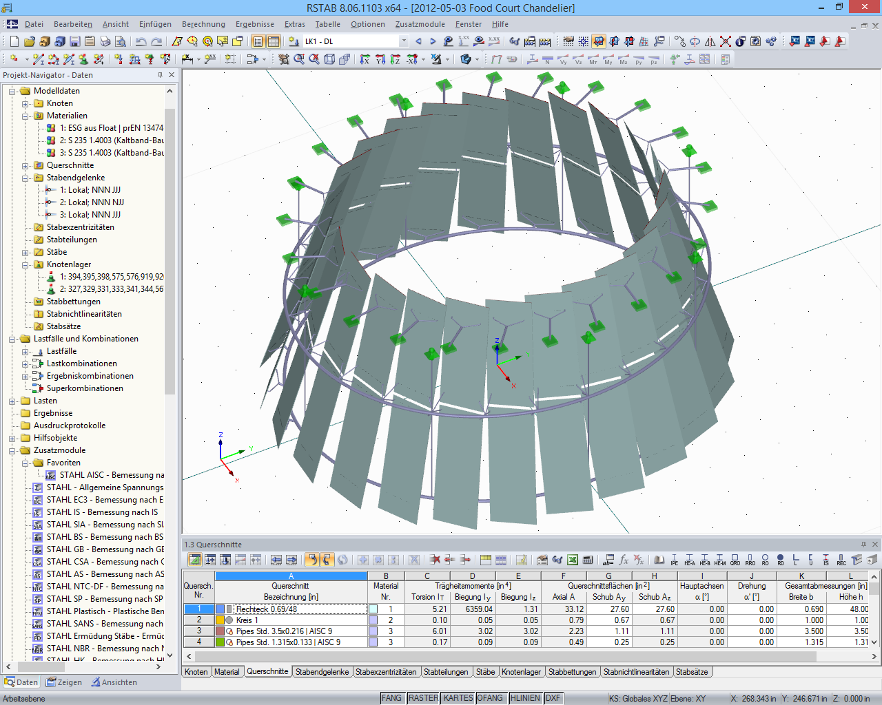 3D-Modell der Tragkonstruktion des Glas-Leuchters in RSTAB (© STUTZKI Engineering)