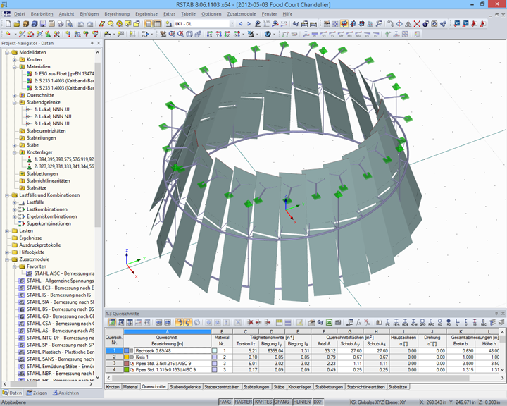 3D-Modell der Tragkonstruktion des Glas-Leuchters in RSTAB (© STUTZKI Engineering)