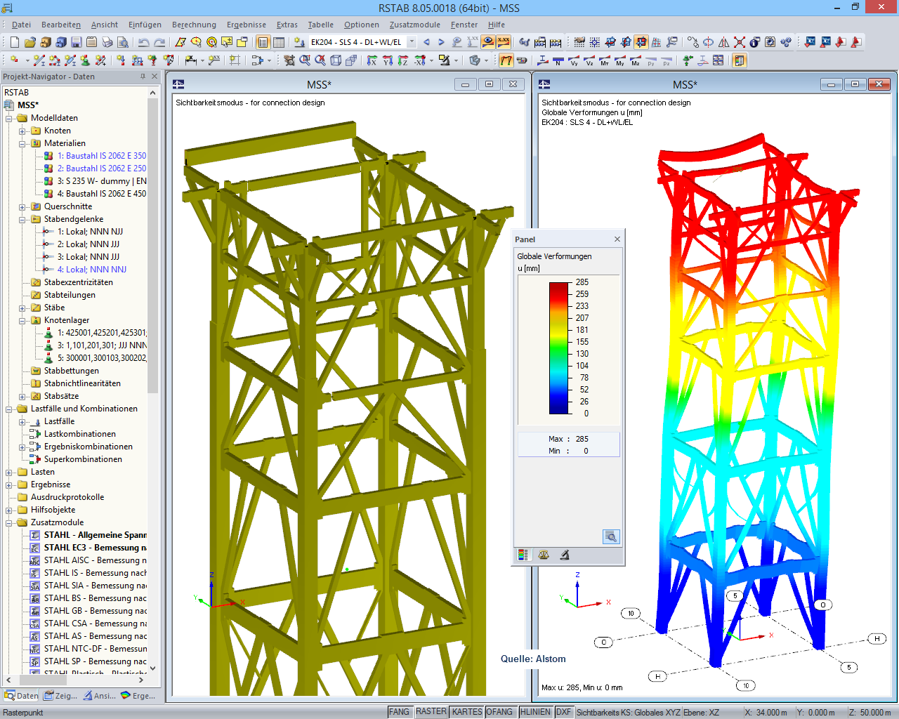 3D-Modell des Kesselgerüstes und Verformungsfigur in RSTAB (© Voss & Kamb und Partner GmbH)