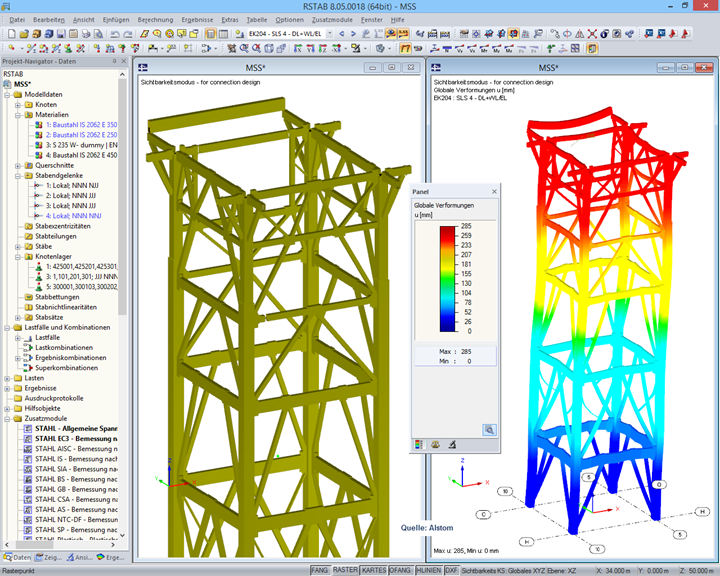 3D-Modell des Kesselgerüstes und Verformungsfigur in RSTAB (© Voss & Kamb und Partner GmbH)