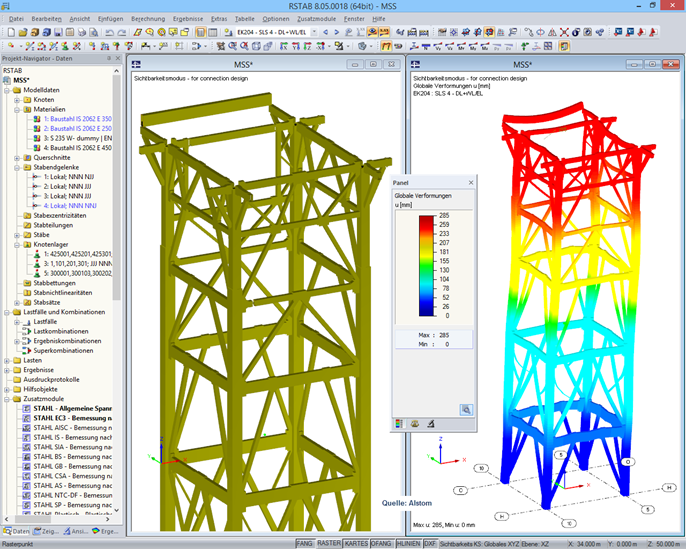 3D-Modell des Kesselgerüstes und Verformungsfigur in RSTAB (© Voss & Kamb und Partner GmbH)