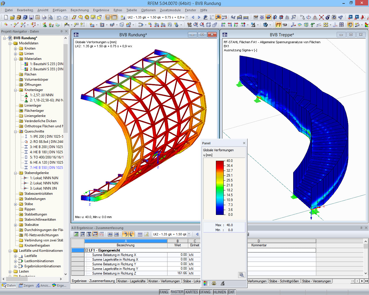Modelle der Rundung und Treppe mit Ergebnissen in RFEM (© osd GmbH & Co. KG)