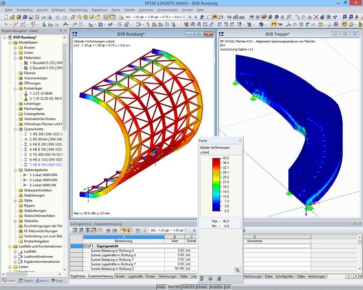 Modelle der Rundung und Treppe mit Ergebnissen in RFEM (© osd GmbH & Co. KG)