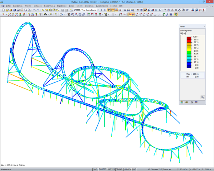 Darstellung der Auslastung beim Betriebsfestigkeitsnachweis nach GB 50017 (1 kN = 1 %) am 3D-Modell in RSTAB (© Maurer Söhne)
