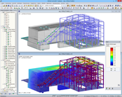 Modell und Verformungsfigur des Kesselhauses in RFEM (© AG-inženiring)