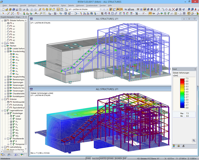 Modell und Verformungsfigur des Kesselhauses in RFEM (© AG-inženiring)