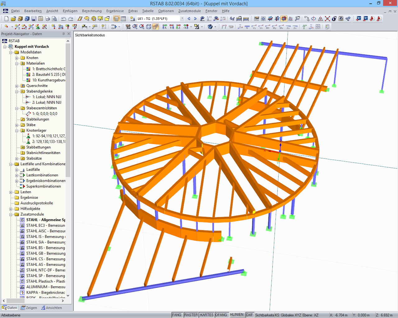 RSTAB-Modell des Zeltdaches mit zwei anschließenden Pergolas (© IB Wagner)
