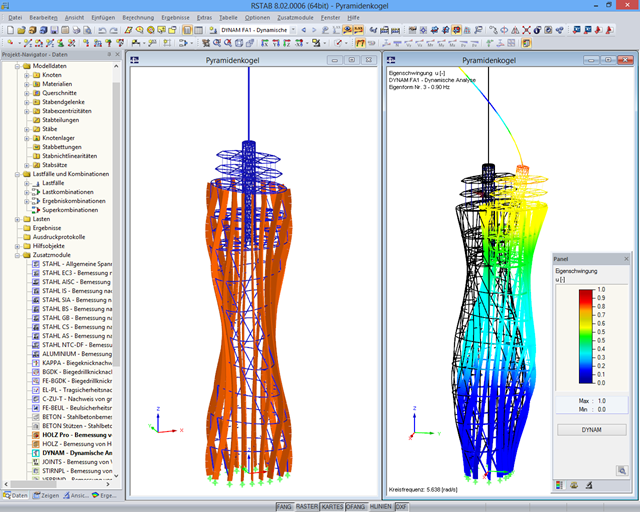 Visualisiertes 3D-Modell in RSTAB und in DYNAM berechnete Eigenform (© LACKNER + RAML)