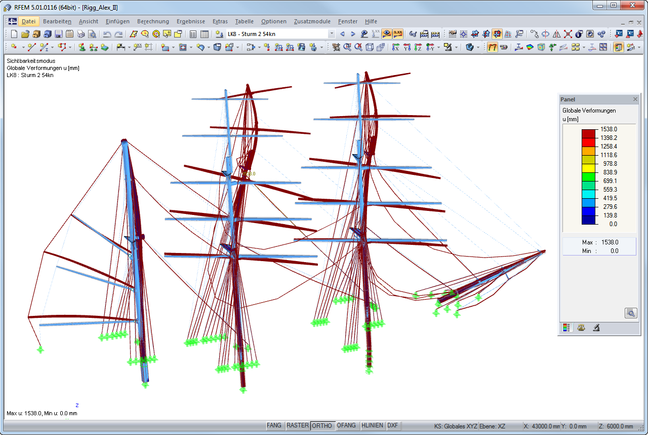 Verformungsbild des Riggs bei einem Sturm von 54 Knoten (ca. 100 km/h) in RFEM (© Wollert)