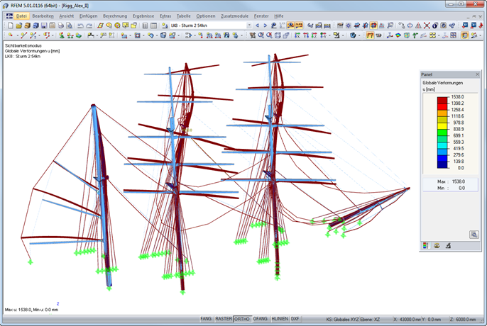 Verformungsbild des Riggs bei einem Sturm von 54 Knoten (ca. 100 km/h) in RFEM (© Wollert)