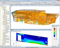 3D-Gesamtmodell (oben) und Bemessungsschnittgrößen einer Brettsperrholzwand (unten) in RFEM (© Schrentewein & Partner)