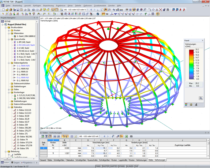 Verformungsbild der Dachkugelkonstruktion in RSTAB (© Uhrmacher)