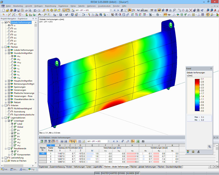 Globale Vervormungen des Segmentschützes in RFEM (© Ingenieurbüro Jürgen Ehlenz)