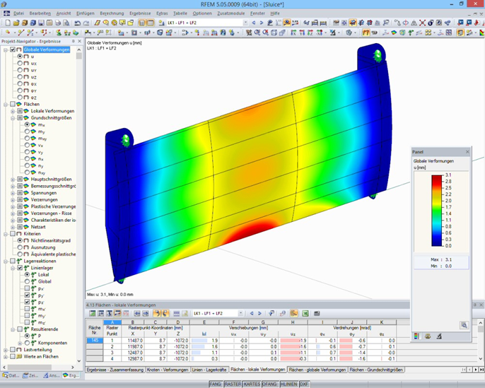 Globale Vervormungen des Segmentschützes in RFEM (© Ingenieurbüro Jürgen Ehlenz)