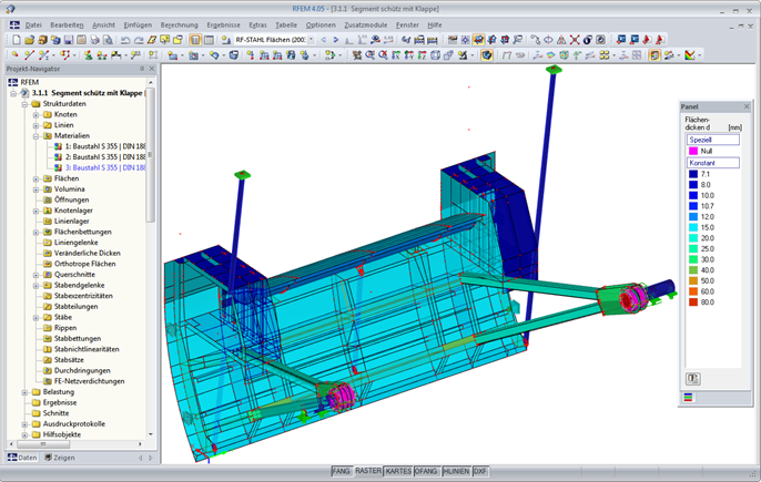Flächendicken vom Zusatzmodul RF-STAHL Flächen am RFEM-Modell (© Ingenieurbüro Jürgen Ehlenz)
