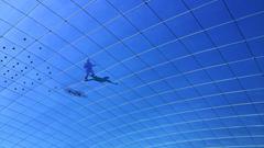 Oberes Seilnetz und ETFE-Folie mit Notentwässerungspunkten (vom Inneren des Kissens aus fotografiert) (© 3dtex)