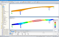 3D-Modell (oben) und 1. Eigenform (unten) der Brücke in RFEM (© StructureCraft Builders Inc.)
