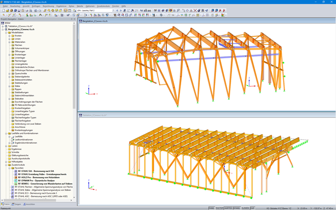 RFEM-Modell der Bergstation (oben) und der Talstation (unten) (© Indermühle Bauingenieure)