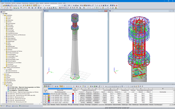 Das Turmmodell im RFEM-Programm (der ganze Turm links, Detail des Stahlteils rechts) (© Allcons s.r.o.)