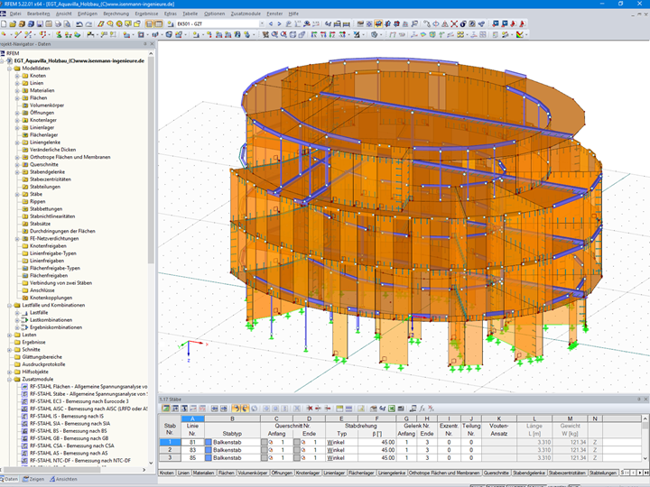 3D-Modell des viergeschossigen Holzbaus in RFEM (© Isenmann Ingenieur GmbH)