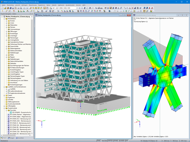 3D-Gesamtmodell Markas Headquarter (links) und Spannungsanalyse eines Fachwerkknotens in RFEM (rechts, © ATP)