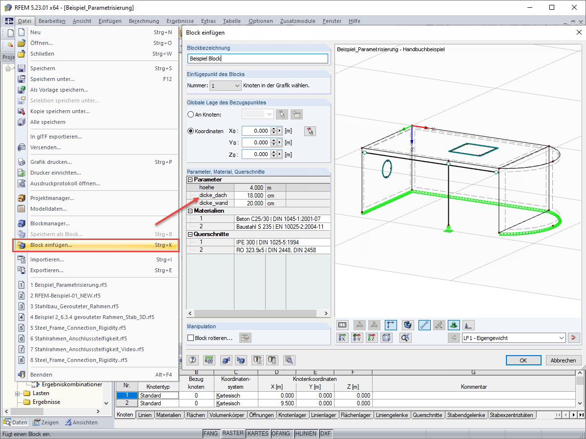 Einfügen des gespeicherten Blocks mit Parametern