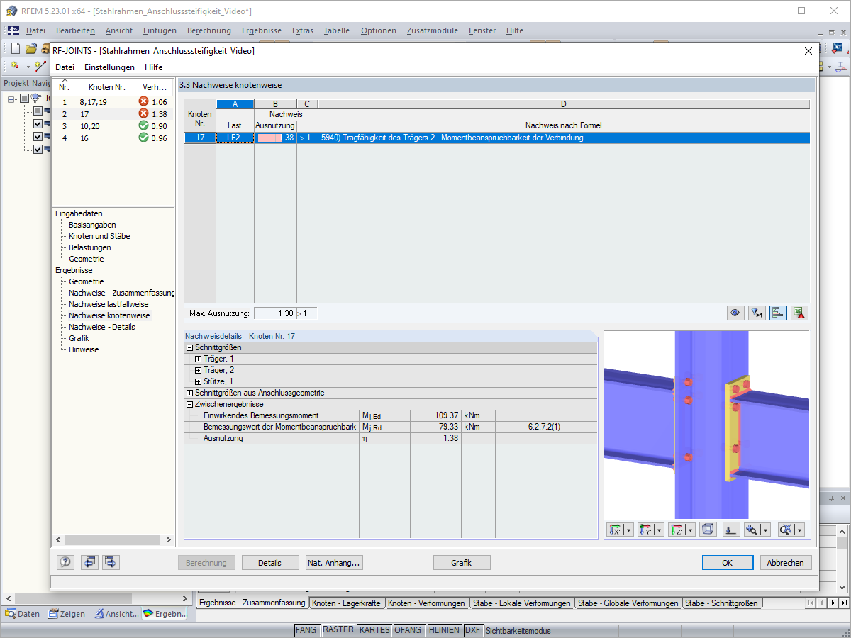 Nachweis der Verbindungen im System mit biegesteifen Anschlüssen