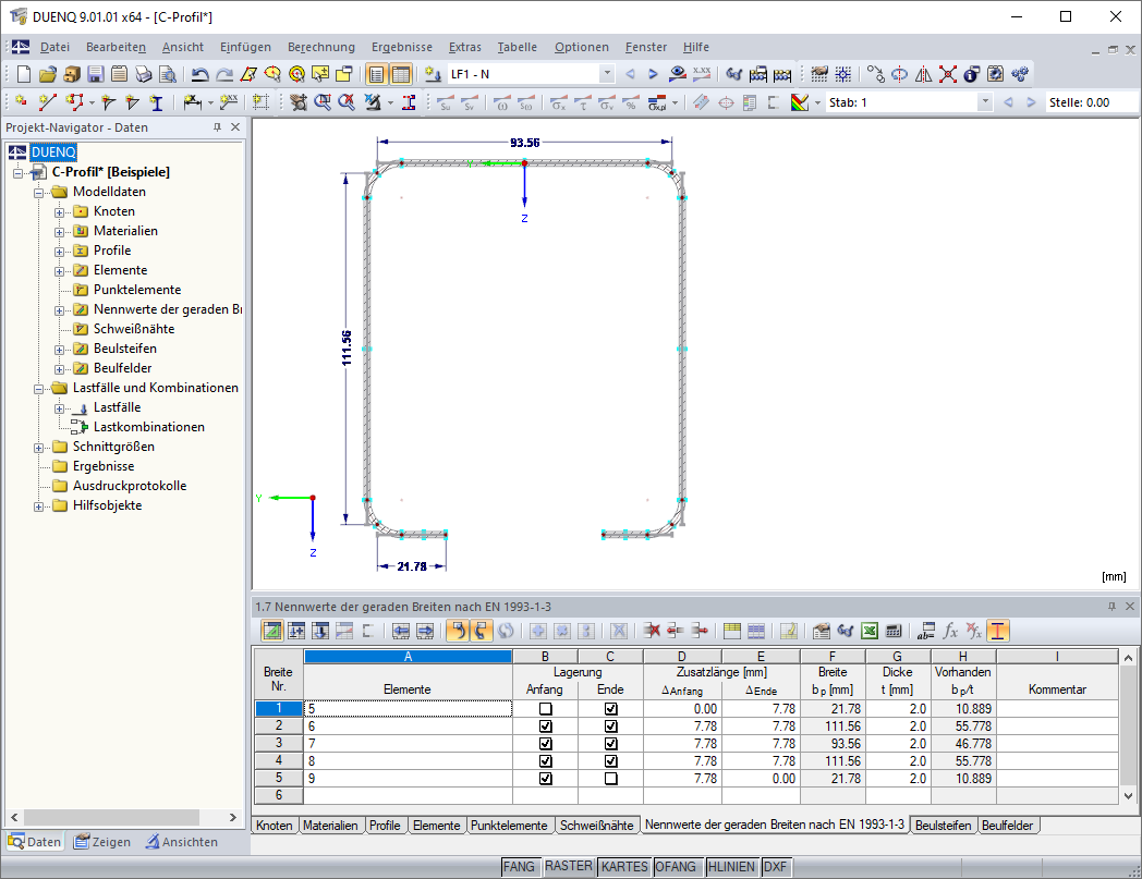 Tabelle 1.7 Nennwerte der geraden Breiten nach EN 1993-1-3