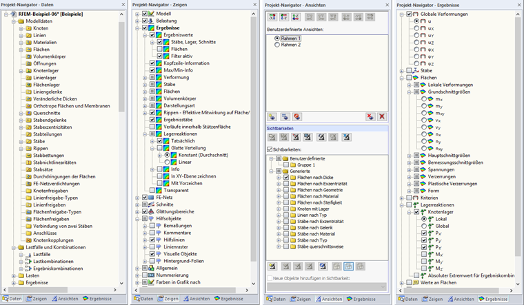 Register "Daten", "Zeigen", "Ansichten" und "Ergebnisse" des Projekt-Navigators