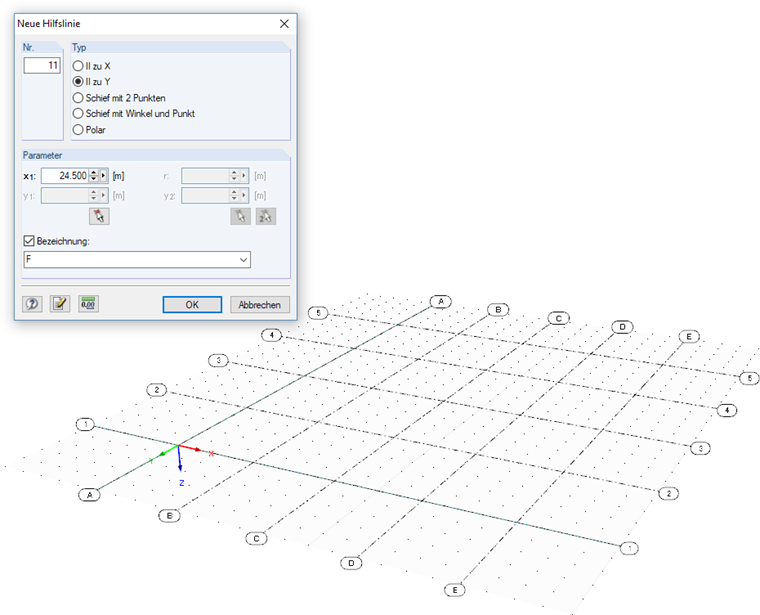 Dialog "Neue Hilfslinie" und Raster aus Hilfslinien