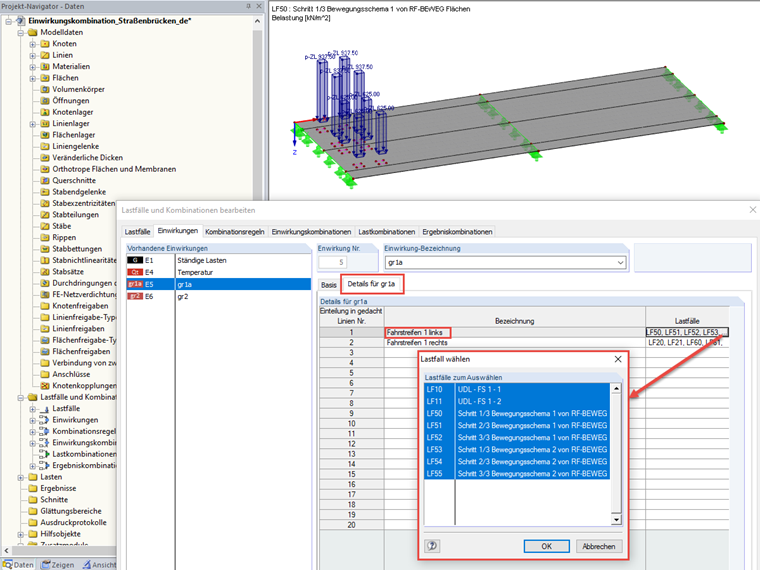 Zuordnung der Lastfälle für höchstbelasteten Fahrstreifen links