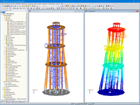 Modell (links) und Verformungsbild (rechts) des Aussichtsturms in RFEM (© Ingenieurbüro Braun GmbH & Co. KG)