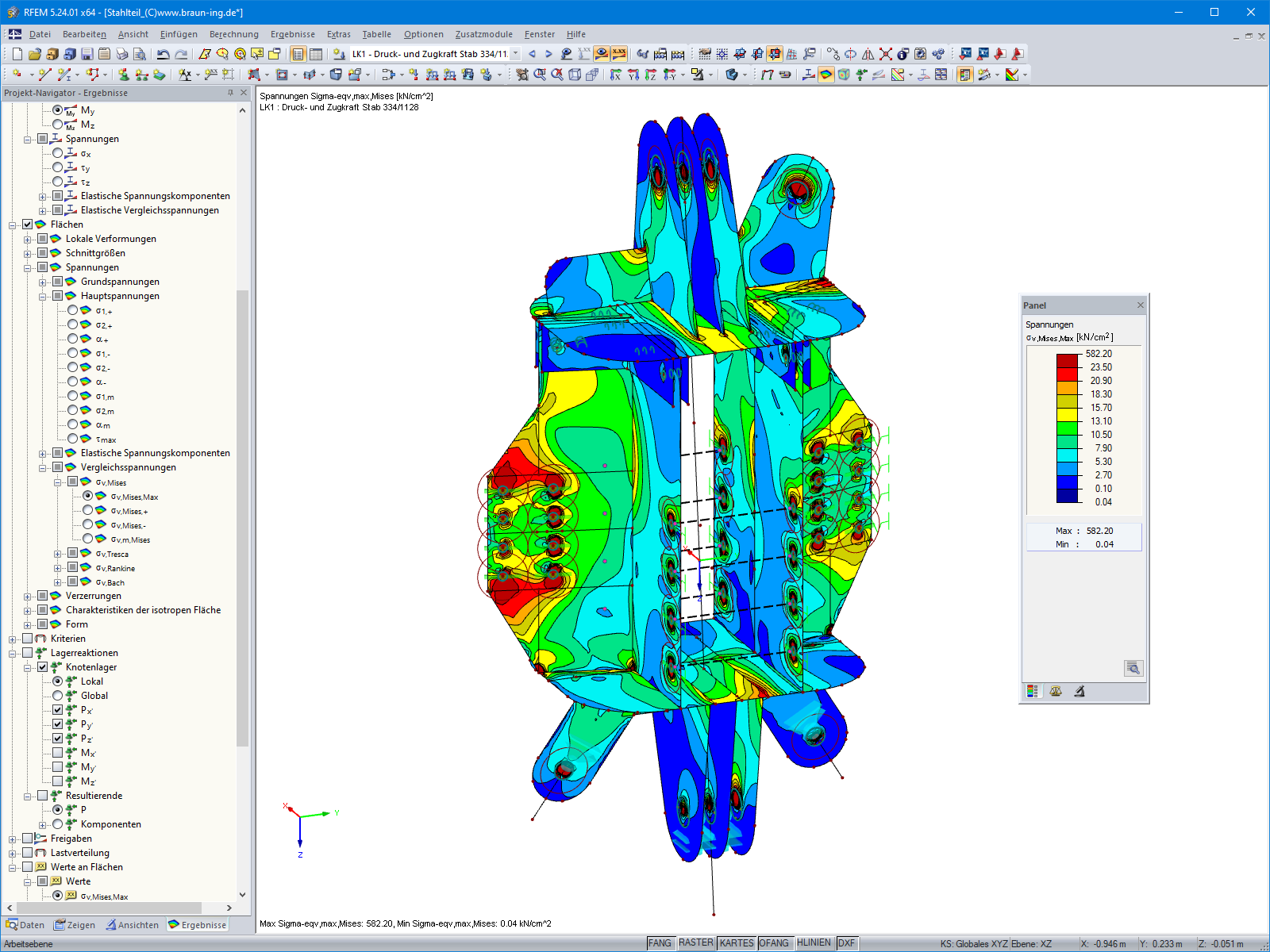 Spannungsanalyse des Stahlteils eines Anschlusses in RFEM (© Ingenieurbüro Braun GmbH & Co. KG)