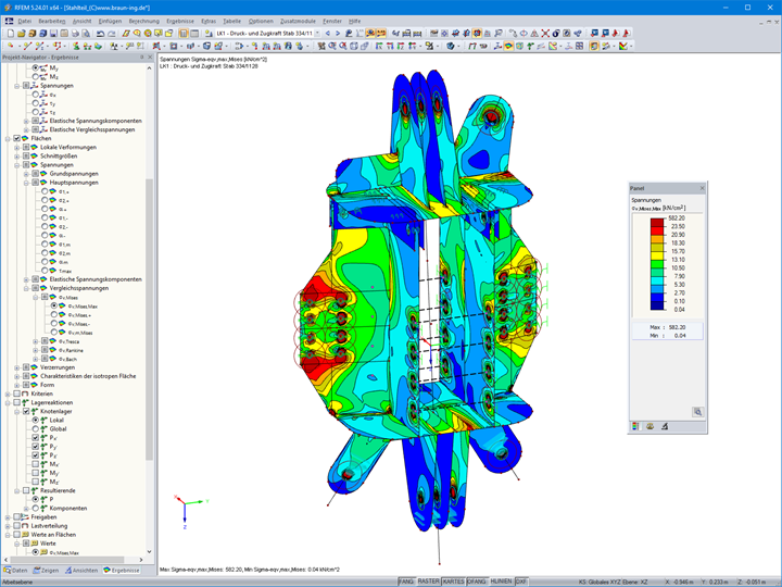 Spannungsanalyse des Stahlteils eines Anschlusses in RFEM (© Ingenieurbüro Braun GmbH & Co. KG)