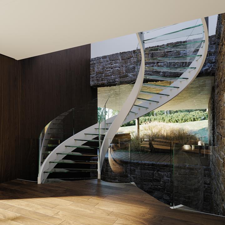 Seitenansicht einer Wendeltreppe aus Stahl