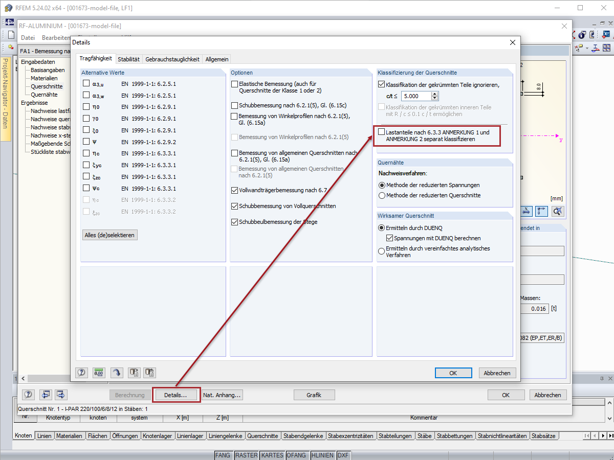 Dialog Details, Register Tragfähigkeit