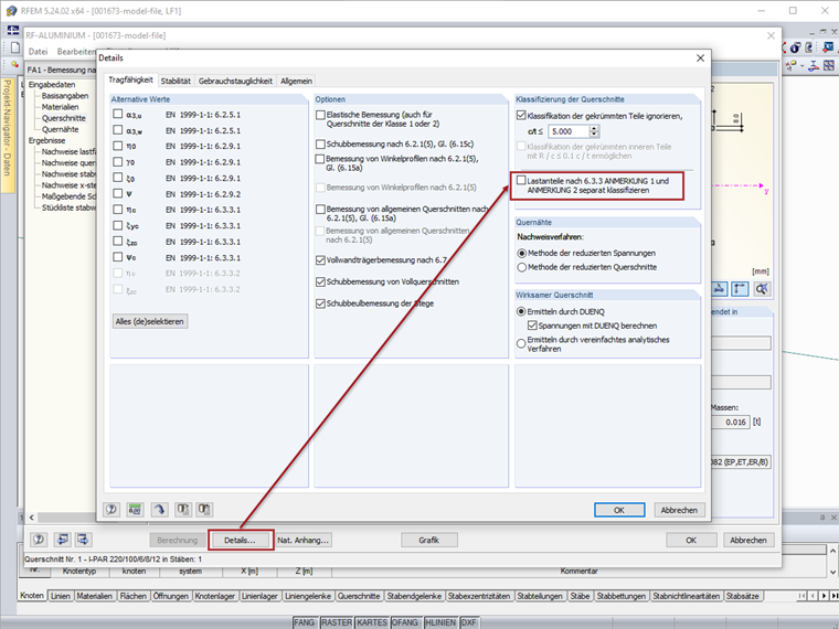 Dialog Details, Register Tragfähigkeit