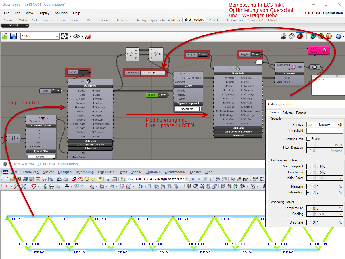 Optimierung der Querschnitte und der Höhe des Fachwerkträgers