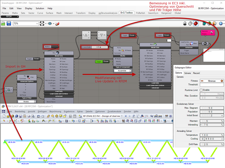 Optimierung der Querschnitte und der Höhe des Fachwerkträgers